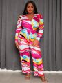 SHEIN Slayr Plus Size Women'S Full Print Jumpsuit With Leg Of Mutton Sleeves