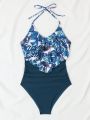 Women's One-piece Swimsuit With Tropical Print And Color Blocking