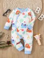Infant Spring Autumn Long Sleeve With Cute Zoo Pattern, Diagonal Button Baby Romper Jumpsuit