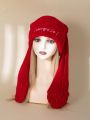 1pc Women's Christmas Red Long Rabbit Ears Folded Edge Knitted Hat, Fun And Warm Winter Beanie, Suitable For Party