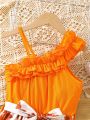 SHEIN Kids SUNSHNE Tween Girls' Floral Print Irregular Collar Sleeveless Dress
