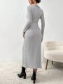 SHEIN Essnce Knitted Dress With High Side Slit And Button Detail