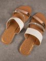 Open Toe Multi Straps Rhinestone Flat Sandals