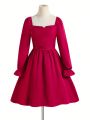 Solid Color Square Neckline French Vintage Flare Sleeve Dress