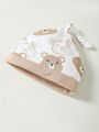 SHEIN Newborn Baby Boy's Summer Outfit Set, Including 5 Items: Short Sleeve Top, Printed Pants, Hat, Drool Bib And Gloves, With Adorable Bear Print, Knitted, Skin-Friendly And Comfortable