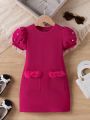 SHEIN Kids FANZEY Young Girl's Vintage And Simple Style Beaded Integrated Puff Sleeve Bubble Dress