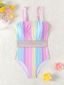 Teen Girls' Color Block Striped One Piece Swimsuit