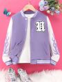 Tween Girl Fire & Letter Graphic Striped Trim Varsity Jacket Without Tee