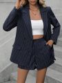 SHEIN LUNE Ladies' Stripe Suit Set With Long Sleeve Blazer And Shorts