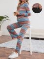 SHEIN Maternity Striped T-shirt And Adjustable Waist Long Pants Set
