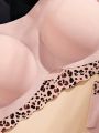 Plus Size Women's Seamless Leopard Print Knitted Bra & Panty Set With Unique Design, 2pcs