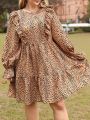 SHEIN Frenchy Plus Size Leopard Printed Lace Patchwork Bell Sleeve Dress