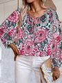 Plus Size Women's Lantern Sleeve Shirt With All Over Print