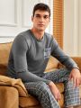 Mens' Patchwork Pocket Design Shirt & Plaid Long Pants Homewear Set