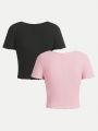 SHEIN Teenage Girls' Knitted Solid Color Hollow Out And Ruched T-shirt 2pcs/set