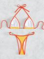 SHEIN Swim Vcay Contrast Binding Fake Pearl Decor Halter Micro Triangle Thong Bikini Swimsuit
