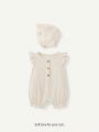 Cozy Cub Newborn Baby Girls' Solid Color Ruffle Edge Round Neck Flying Sleeve Romper And Hat, 2pcs/Set