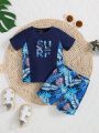 SHEIN Baby Boys' Round Neck Letter & Plant Printed Raglan Sleeve Top With Shorts Or Swim Shorts 2pcs/Set