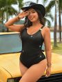 SHEIN Swim Basics Plus Size Round Neck Pleated Tummy Control One Piece Swimsuit