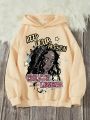 Teenage Girls' Casual Hooded Fleece Sweatshirt With Letter & Character Print, Suitable For Autumn And Winter
