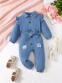 Infant Girls' Elegant Buttoned Broken-hole Overalls With Flared Sleeves For Autumn