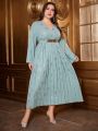 SHEIN Modely Plus Size Feather Print Belted Ruffle Flare Sleeve Dress
