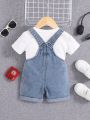 SHEIN Baby Boy Casual Vintage Washed Flap Pocket Overalls Denim Overalls Romper,Baby Boys Spring And Summer Outfits
