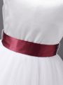 SHEIN Kids HYPEME Girls' Mesh Dress With White Bodice & Red Waistband