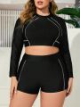 SHEIN Swim SPRTY Plus Size Colorblock Long Sleeve Bikini Set With Decorative Edges