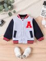 Baby boy casual cold-proof color block cute letter patch embroidered stand collar jacket