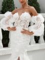 SHEIN Belle One Shoulder V-Neck Back Tie Wedding Dress With 3d Floral Fabric And Mesh Skirt