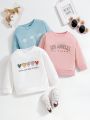3pcs/Set Baby Girls' Round Neck Heart Printed Sweatshirt