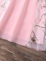 SHEIN Kids SUNSHNE Chiffon Plum Blossom Embroidered Appliques Midi Dress