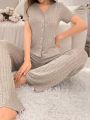 Women'S Solid Color Knit Ribbed Casual Homewear Set