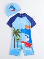 Young Boy Cartoon Printed One-Piece Swimsuit With Hat