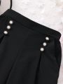 Teenage Girls' Pearl Detail Double Pocket Black Pants