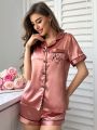 Pocket Letter Embroidery Turn Down Collar Top & Shorts Silk Imitation Pajama Set