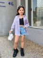 SHEIN Kids Y2Kool Young Girls' Sporty And Sweet Sheer Long Sleeve Shirt With Solid Color For Spring And Summer