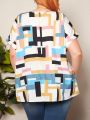 SHEIN CURVE+ Plus Size Women's Geometric Pattern Batwing Sleeve Shirt