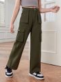 SHEIN Tween Girls' Solid Color Casual Fashion Cargo Denim Pants