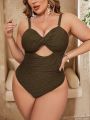SHEIN Swim Basics Plus Size Women's Solid Color Button Front Cut Out One-Piece Cami Swimsuit With Hollow Out