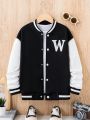 SHEIN Boys' Casual Letter Printed Baseball Collar Color Block Jacket With Zip, Autumn And Winter