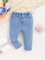 SHEIN Baby Girl's Light Blue Snow Washed Stretchy Comfortable Cute Denim Jeans