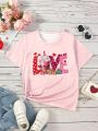 Teen Girls' Pink Valentine's Day Printed Short Sleeve T-Shirt Mommy And Me Matching Outfits (2pcs Sold Separately)