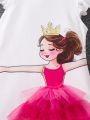SHEIN Kids FANZEY Tween Girls' Character Print Mesh Splicing Flying Sleeve Dress