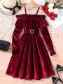 Teen Girls' Elegant Velvet Long Sleeve Dress With Ruffled Hem And Waist Belt, Autumn/winter