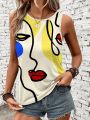 SHEIN LUNE Women's Abstract Face Printed Round Neck Tank Top For Casual Wear