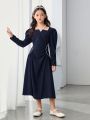 SHEIN Tween Girls' Vintage Bodycon Mid-Length Dress With Faux Pearl Decor And Long Sleeve, Elegant Style