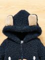 SHEIN Newborn Baby Boy Cartoon Embroidery 3D Ears Design Hooded Fleece Sleep Jumpsuit