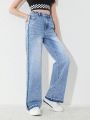 Big Girls' Fashionable Vintage Frayed Edge Water Wash Straight Leg Slim Jeans For Casual